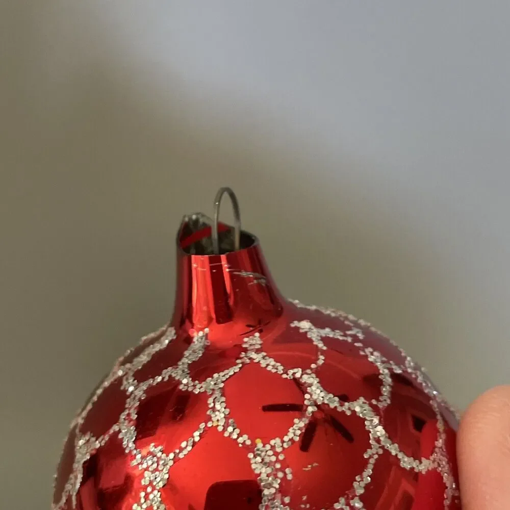 Vintage Hand Painted Blown Glass Red Ball Scalloped Glitter Christmas Ornament
